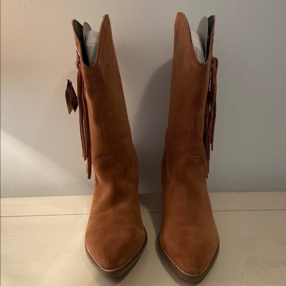 Dingo Western Cabincore Suede Fringe Mid Calf Cowboy Boot Tan - Picture 6 of 11